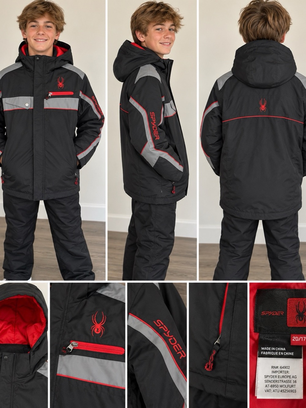 Spyder Boys Size 20 (XXL) Ski Snow Jacket Black Gray Red Hooded Winter Coat.